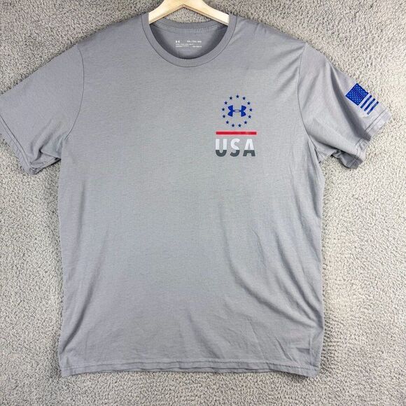Under Armor Patriotic T-Shirt Mens XXL‎ Gray Heatgear Loose Tee Athletic Gym Run - Picture 1 of 14